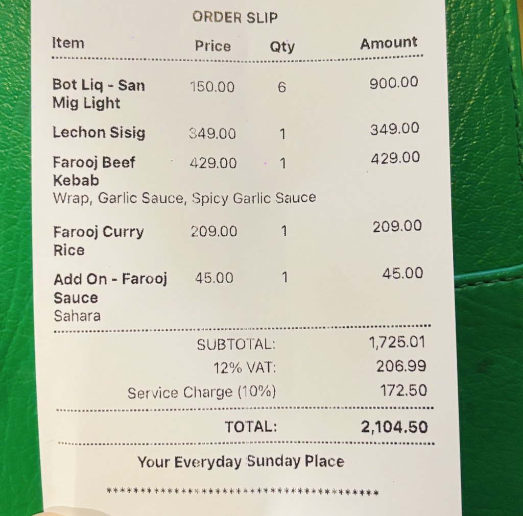 Balai Brunchのレシート。ビール6本と料理3品でサービス料込み2,104.50ペソ