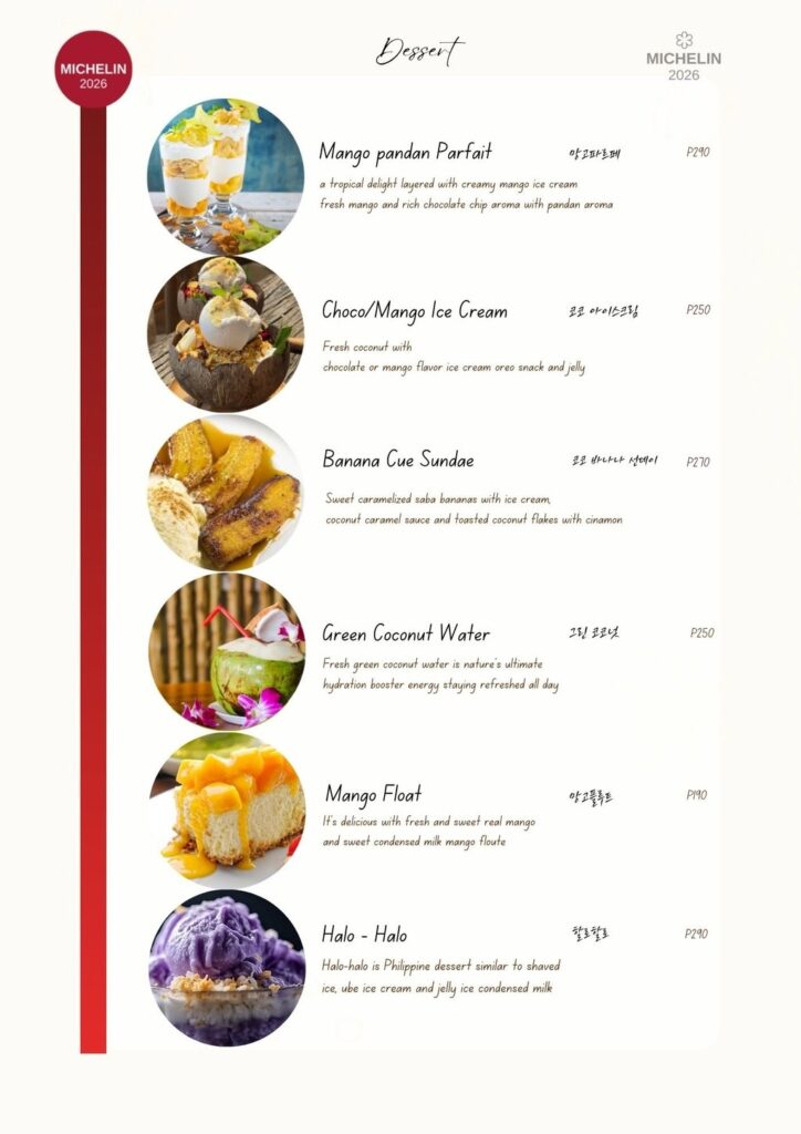 Coco Cebuのメニュー。Dessert（マンゴーパフェ、ハロハロなど）