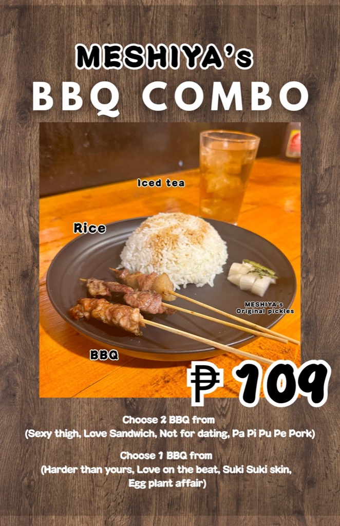 MESHIYAのBBQコンボ109ペソ。串3本とごはん、漬物、アイスティー