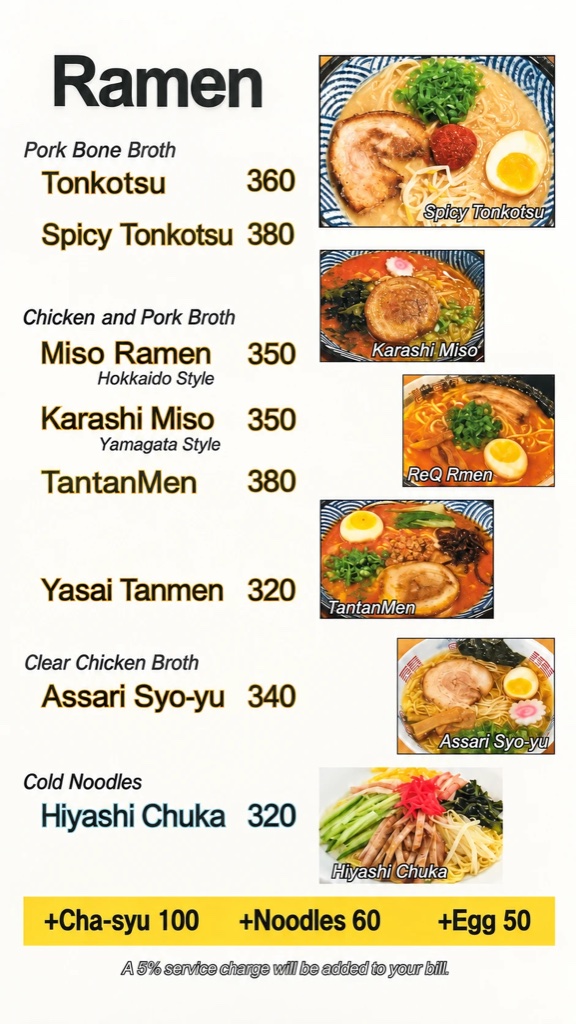 利久（Re-Q）のラーメンメニュー。豚骨、味噌、からし味噌、担々麺、野菜タンメン、あっさり醤油、冷やし中華