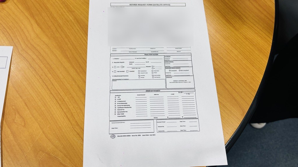 PRAの申請書 Retiree Request Form（個人情報はぼかしています）
